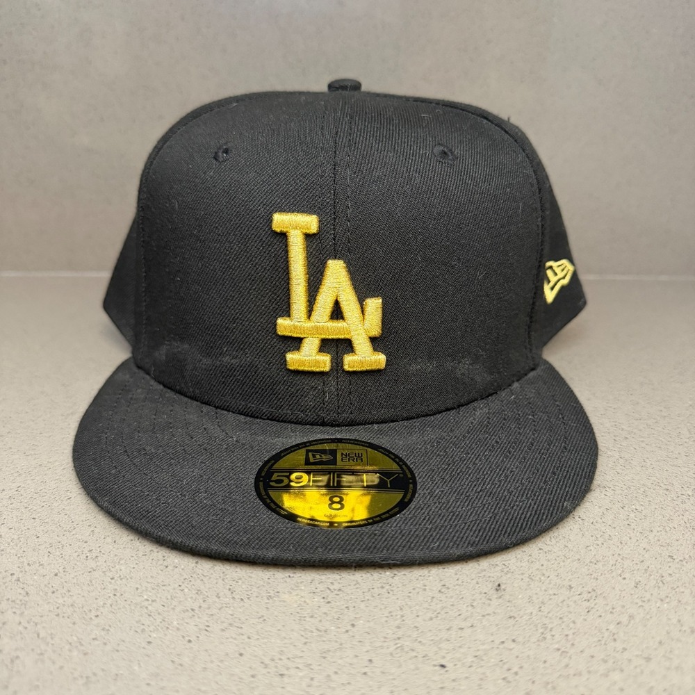 New Era 59FIFTY Los Angeles Dodgers Hat Black Gold Fitted MLB Cap Size 8